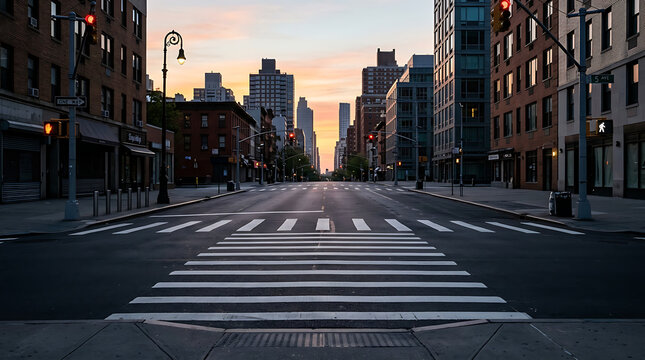 Sunrise Over an Empty Urban Street with a Pedestrian Crossing in the Foreground