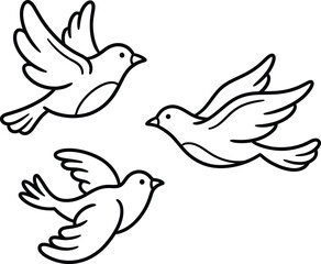 Fototapeta premium Three flying birds minimal line art design with coloring illustration monochrome