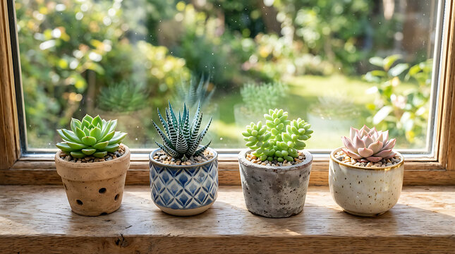 Four potted succulent plants on a wooden windowsill bathed in natural sunlight with a lush garden view in the background