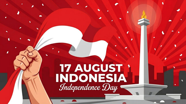 Indonesia Independence Day Celebration with Monas and Flag Vector