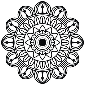 Black and white circular mandala ornament with geometric star patterns.