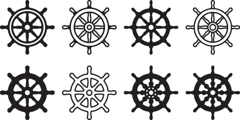 Black and white ship steering wheel vector icons set Vector © Nur