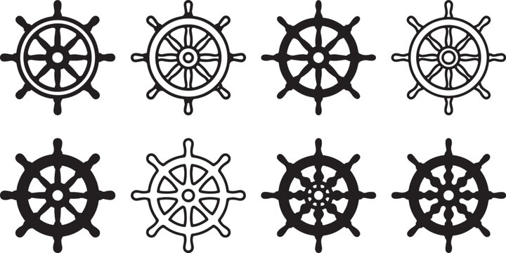 Black and white ship steering wheel vector icons set Vector