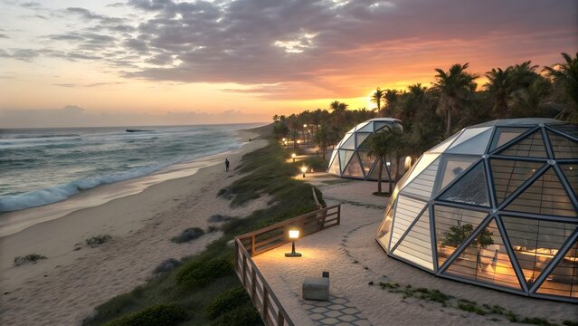 A peaceful sandy beach with modern geodesic dome structures and palm trees at a beautiful sunset, 3d rendered