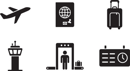Fototapeta premium Six black travel airport icons set Vector