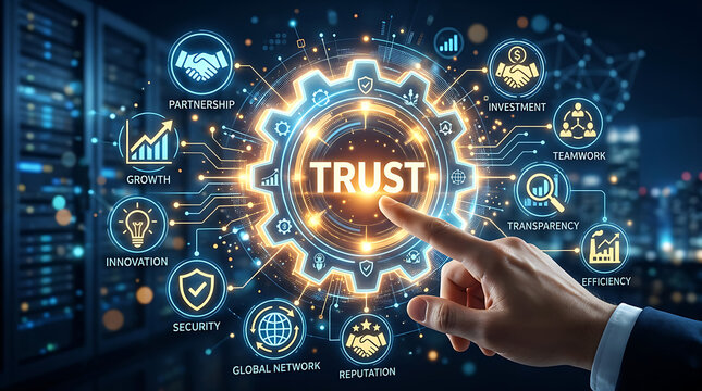 Digital concept visualization emphasizing trust management in interconnected business environments