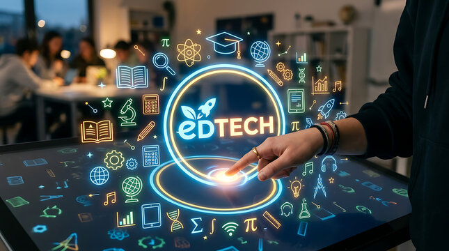 interactive educational technology interface with digital icons representing learning tools and innovation in a modern classroom