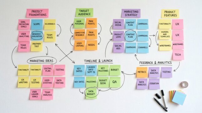 Colorful sticky notes on wall with brainstorming map