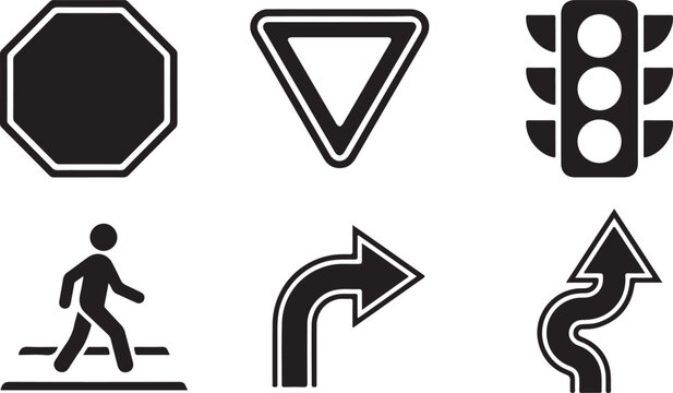 Set of six common road and pedestrian traffic signs icons Vector