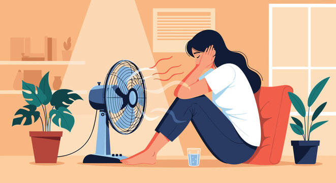 Tired woman sitting on a cushion at home trying to cool down in front of an electric fan during a hot summer day.
