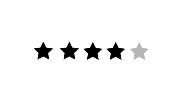 Four out of five stars rating animation, minimalist black and grey star review system for customer feedback and performance evaluation