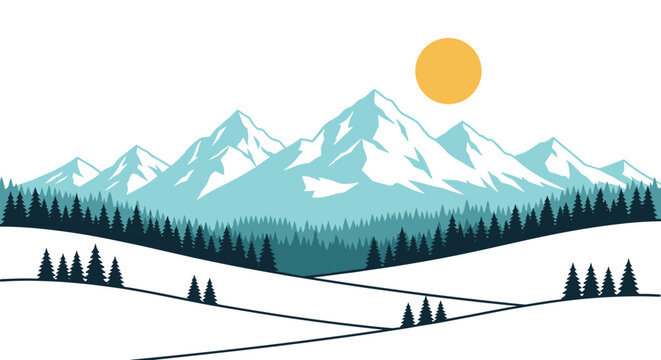 Serene winter landscape with multiple blue mountain peaks under a yellow sun and a snowy valley filled with evergreen pine trees.