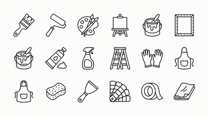 Fototapeta premium A comprehensive collection of line art icons depicting various painting tools, art supplies, and home improvement equipment for creative projects and DIY tasks.
