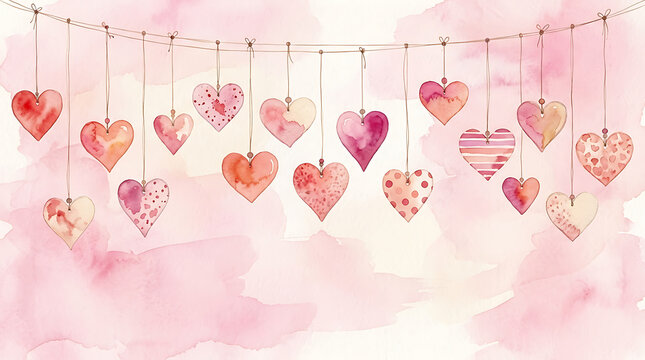 Whimsical watercolor arrangement of colorful hanging hearts representing love and affection for heartfelt celebrations and