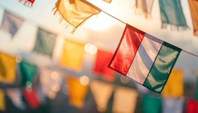 Colorful bunting flags hanging outdoors with the Italian flag. Cultural festival decoration and holiday event. Festive garland waving under a sunny sky