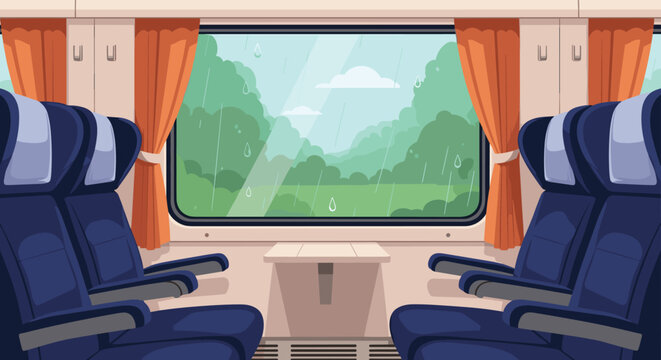 Empty passenger train compartment with blue seats and large window showing rainy landscape of trees and hills.