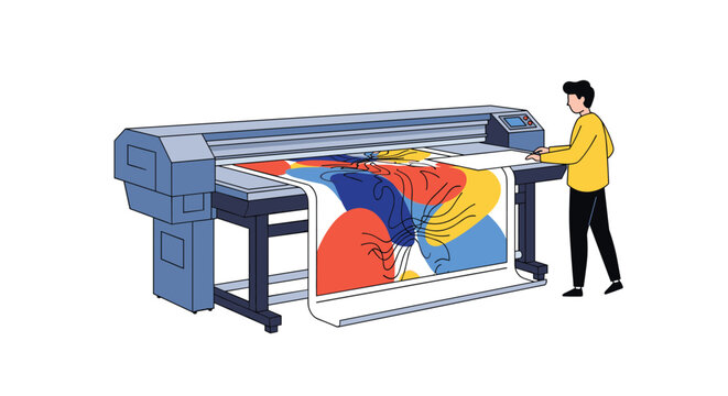 Technician operating a large format inkjet printer while producing a colorful abstract graphic on a roll of paper.