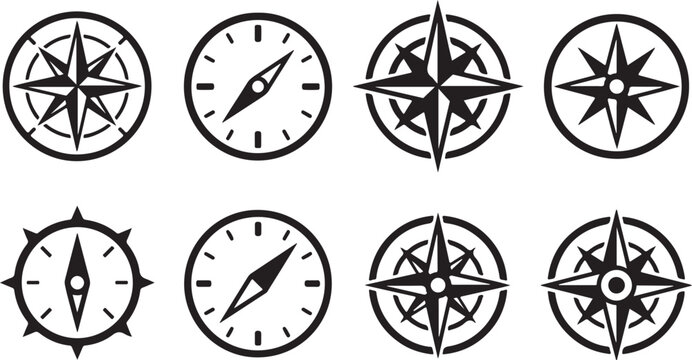 Collection of vintage compass and clock icons in black and white Vector