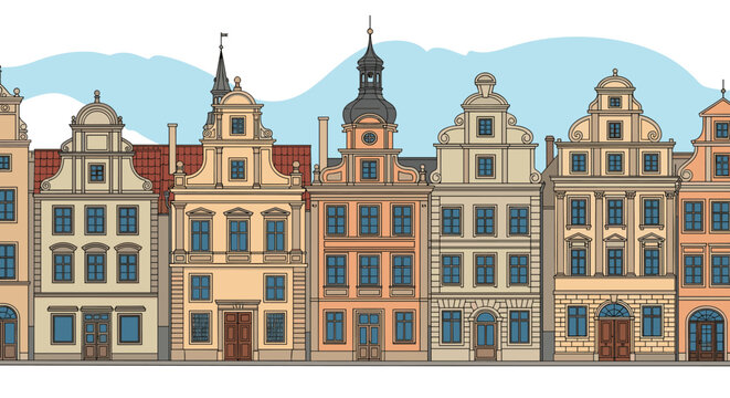 Row of historic european houses with ornate facades and gables against a blue sky with soft hills.