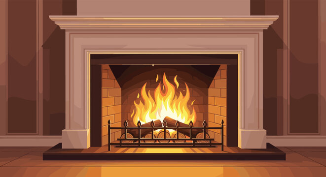 Cozy indoor living room scene with burning fire in classic stone fireplace creating warm and inviting atmosphere.