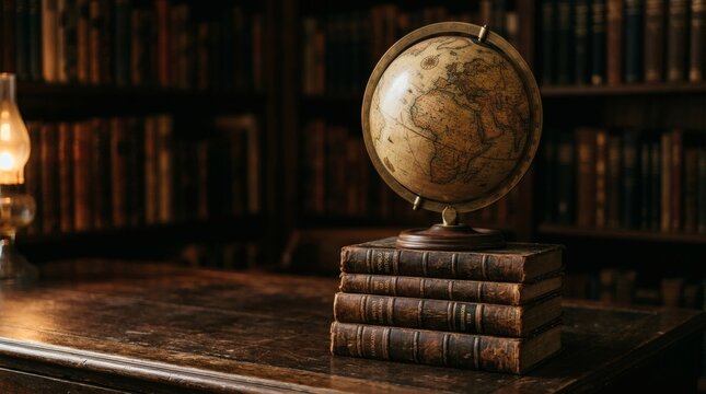 Vintage globe on stacked old books in library