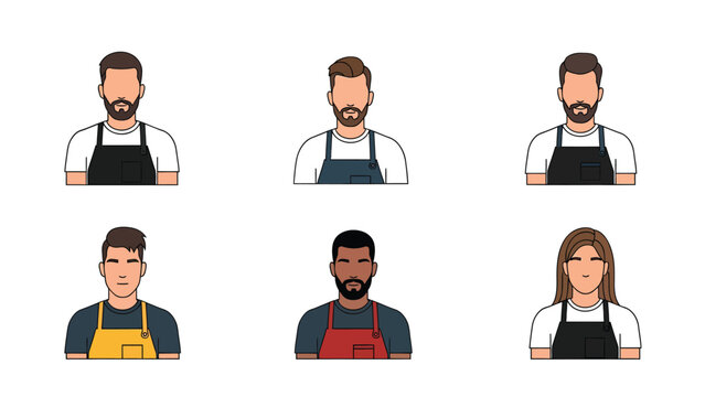 Set of diverse male and female barista or chef characters wearing aprons, representing various service industry roles.