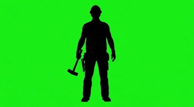 Silhouette Video of construction worker on the meddle of the screen in green screen background