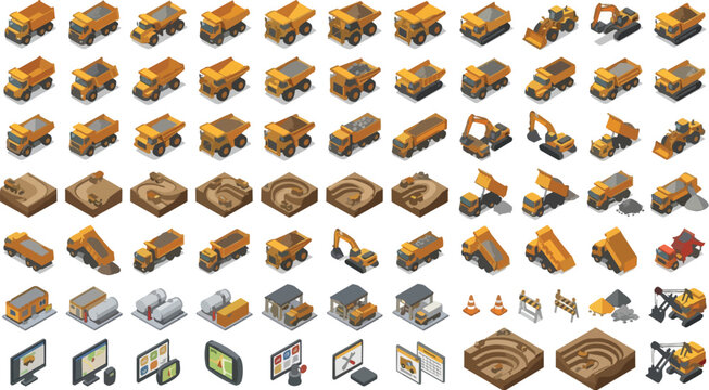 Large collection of isometric mining and construction vehicles