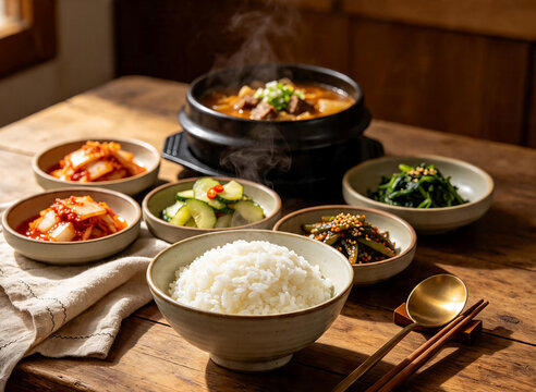 돌솥 찌개와 밥이 있는 한식 백반 / Korean Baekban with Stone Bowl Stew and Rice