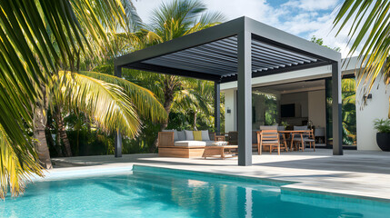Fototapeta premium Luxury outdoor swimming pool with modern pergola and tropical garden setting