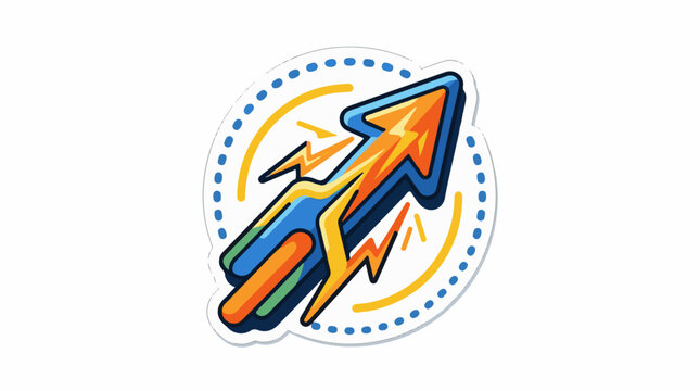 A stylized rocket ship with a blue, orange, and yellow color scheme and a circular dotted border