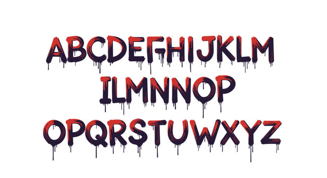 Dripping paint font style featuring the complete English alphabet with red and black liquid effects on each letter against a white background.