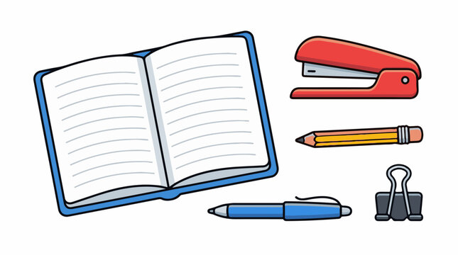 A blue-bound book with lined pages lies open next to a red stapler, pencil, pen, and binder clip