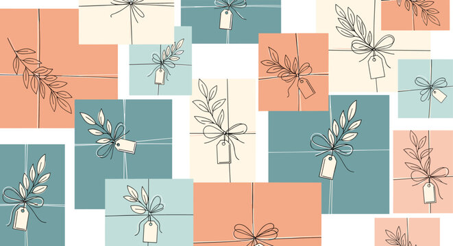 Seamless pattern of pastel-colored gift boxes tied with bows and decorated with delicate hand-drawn botanical sprigs and leaves.