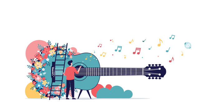 Creative illustration of a man painting colorful flowers onto a giant blue guitar with musical notes floating away into the white space.