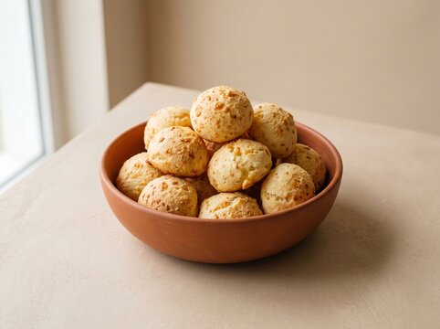 Freshly baked Brazilian p&atilde;o de queijo cheese bread balls piled in terracotta bowl by natural window light