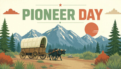 Pioneer day illustration with covered wagon and oxen in mountain landscape