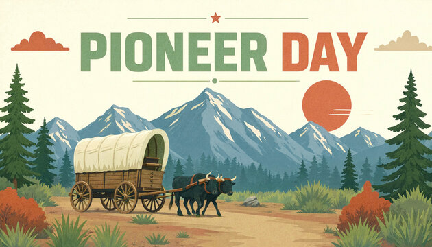 Pioneer day illustration with covered wagon and oxen in mountain landscape