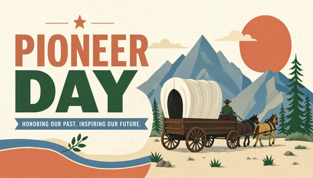 Pioneer day celebration illustration with covered wagon and mountains
