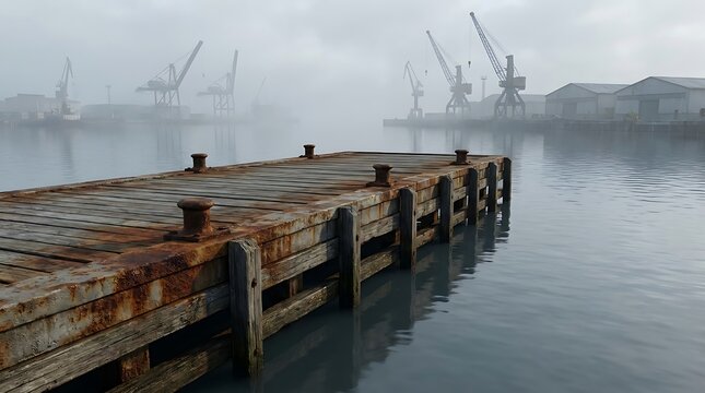 A solitary old wooden pier with rusty dock platforms extending into the calm, misty harbor water surrounded by industrial cranes in the distant fog