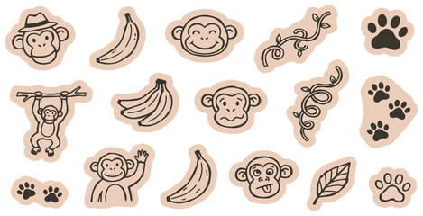 Cute monkey and banana doodle stickers set for kids' crafts and decoration. © Riki