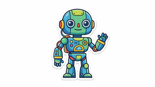 A blue and green robot with a smiling face and raised hand