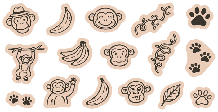 Cute monkey and banana doodle stickers set for kids' crafts and decoration.