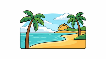 Obraz premium A colorful cartoon illustration of a tropical beach scene with palm trees, sandy shore, and sunny sky