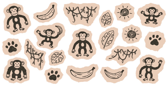 Cute hand-drawn monkey and jungle elements sticker set, perfect for children's designs and playful themes.