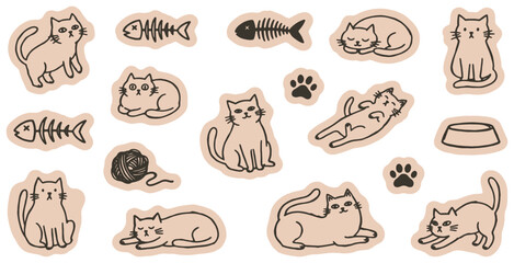 Obraz premium Set of cute cat and fish bone doodle stickers, hand drawn vector illustration of pet animals and accessories in various poses.