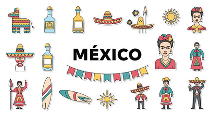 Fototapeta premium Collection of Mexico themed stickers and icons including Frida sombreros pinatas and tequila for travel and culture projects.