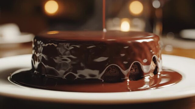 Close-up of dark chocolate sauce pouring onto a round chocolate sponge cake or souffl&eacute; served on a white ceramic plate in a dark restaurant with warm bokeh lights.