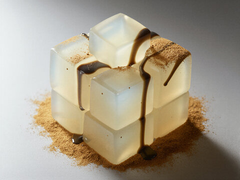 Modern Presentation of Japanese Warabimochi Jelly Cubes with Kuromitsu Syrup and Kinako Powder