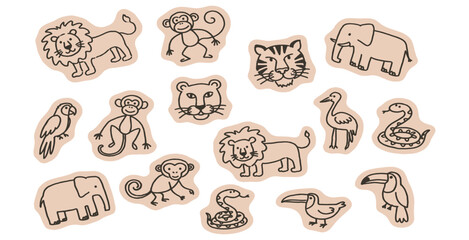 Obraz premium Collection of hand-drawn jungle animals, including lions, monkeys, elephants, tigers, and snakes, for children's learning and creative projects.